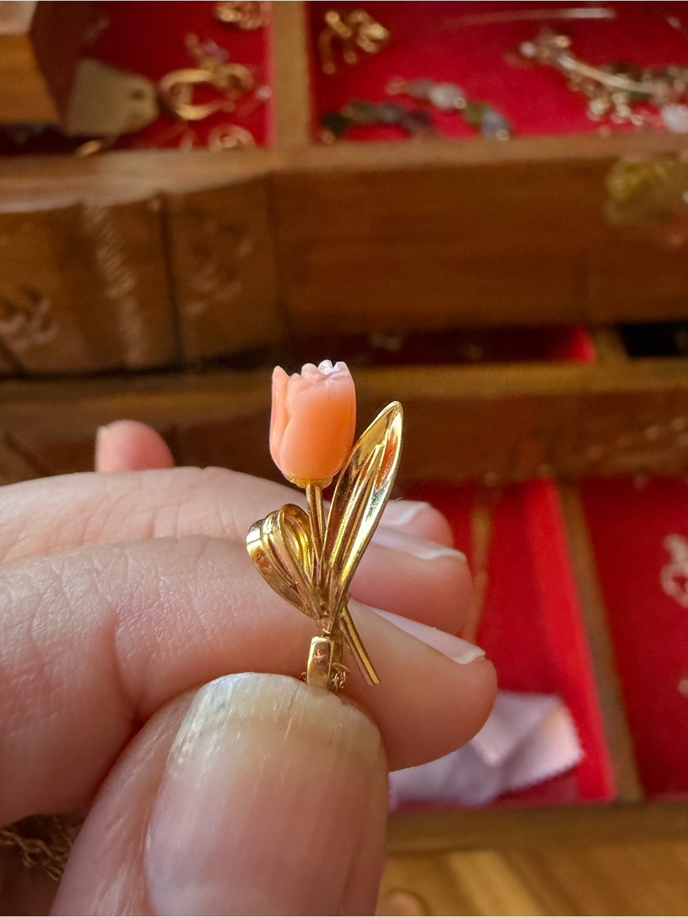 14k Yellow Gold Filled Carved Coral Tulip Flower Pendant With Gold Filled Chain